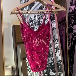 HOT PINK BEADED OPEN BACK TANK TOP